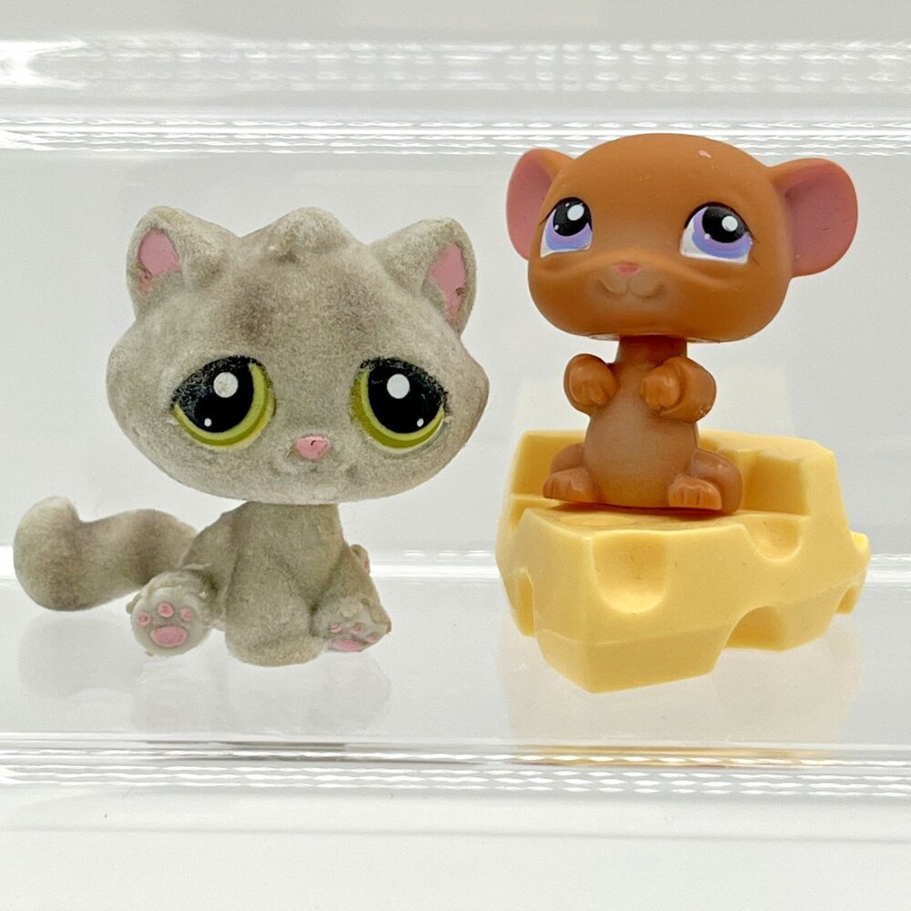 Littlest Pet Shop 2006 Flocked Cat #323 Kitten #324 Mouse Hasbro LPS